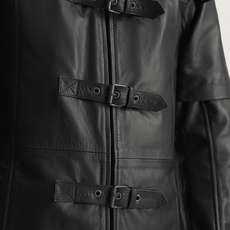 Mens Huntsman Black Hooded Leather Trench Coat Close-Up-9-1700481481716